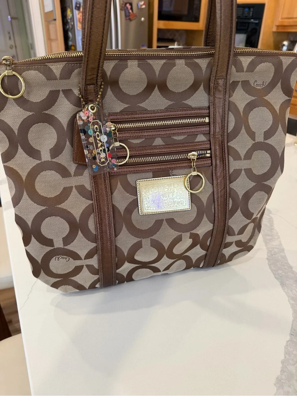 Coach Logo Tote Bag Brown/Beige Zip Closure w/ Charm, Inner & Outer Pockets